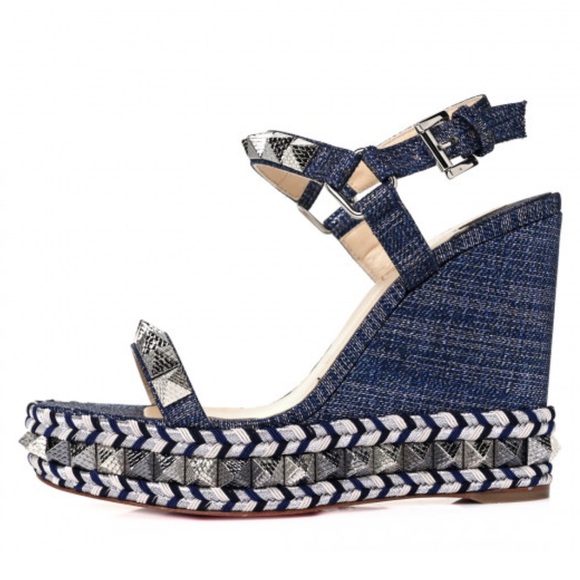 Chrisitan Louboutin Lame Lux Pyraclou 110 Wedge DENIM - Picture 2 of 6